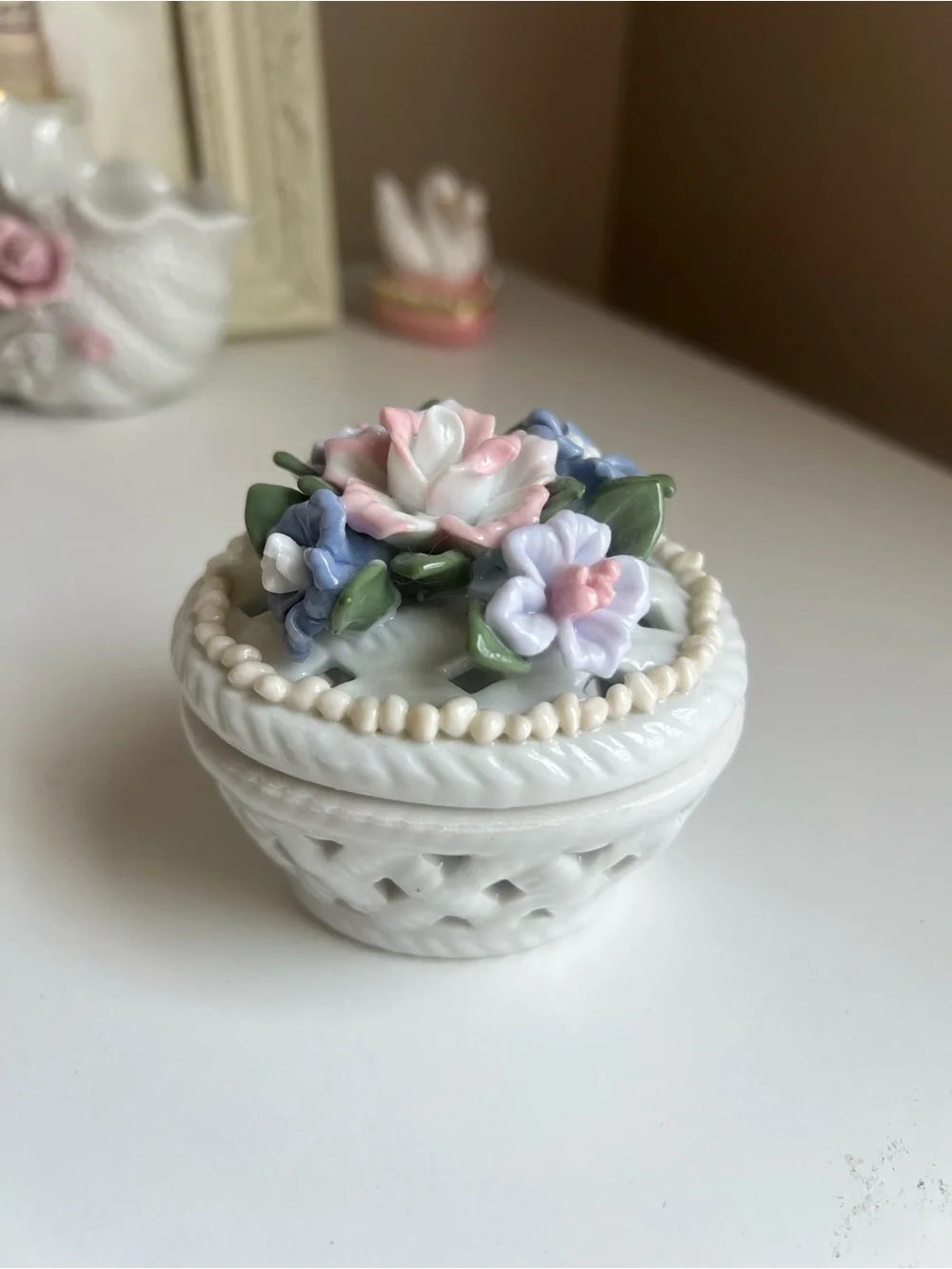Rare Vintage Porcelain Floral Trinket Box - White with Pink & Blue Flowers